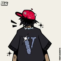 a drawing of a person wearing a hat and t - shirt with the letter v on it