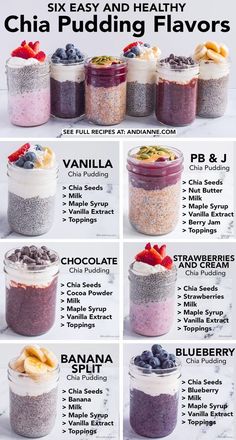 chia pudding in jars with different toppings and ingredients to make it look like they are