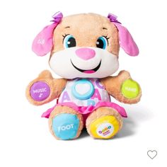 a stuffed animal that is wearing a pink and blue outfit with a name on it