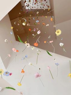 flowers are floating in the air above a white floor