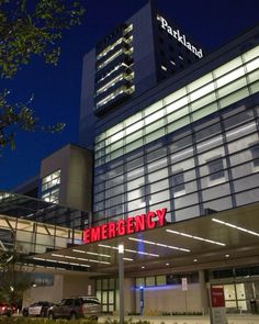 an emergency building lit up at night