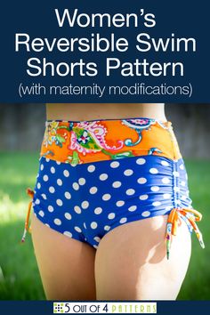 Get multiple looks with our women's Reversible Swim Shorts PDF sewing pattern.  This pattern offers 3 rise options and side ruching for different looks and fits.  This versatile pattern also includes maternity modifications! #womensreversibleswimshortspdfpattern #maternityswimshorts #pdfpattern Fitted Tie-side Swimming Shorts, Fitted High-waisted Swim Trunks For Poolside, Fitted Tie-side Shorts For Beachwear, Cheap Moisture-wicking Beachwear Shorts, 4-way Stretch Swimwear With Built-in Shorts, 4-way Stretch Beachwear Shorts For Sports, 4-way Stretch Swim Shorts, Blue Swimwear With Built-in Shorts For Surfing, Maternity Swim Shorts