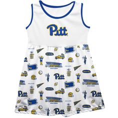 Pittsburgh Panthers UP Sleeveless Tank Dress Girls White Repeat Print Hand Sketched Vive La Fete Impressions Sleeveless Tank Top For Game Day In Summer, Sleeveless Cotton Dress With Graphic Print, White Sleeveless School Dress, White Sleeveless Dress With Graphic Print, Pittsburgh Panthers, Pitt Panthers, Repeat Prints, Tank Top Dress, Hand Sketch