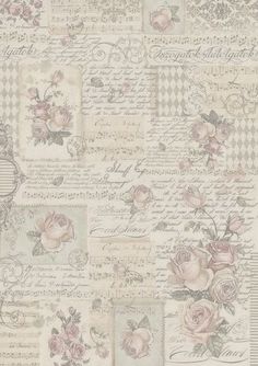 an old fashioned wallpaper with roses and letters on the back ground, in shades of pink