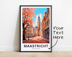 a poster with the words your text here next to an image of a city street