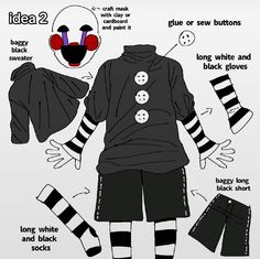 by @/meerine_draw tiktok Simple Fnaf Cosplay, Sundrop Outfit Ideas, Fnaf Closet Cosplay, Easy Characters To Cosplay, Halloween Outfits Drawing, Fnaf Uniform, Nightcore Outfits, Cosplay Ideas Easy, Gacha Outfit Ideas Male