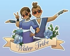 two people standing next to each other in front of a banner with the words water tribe