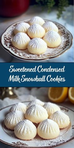 sweetened confected milk snowball cookies on a plate with lemons in the background