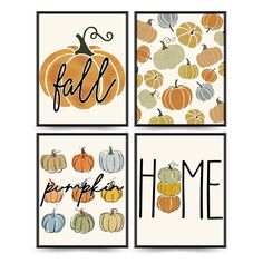 four cards with pumpkins and the words fall