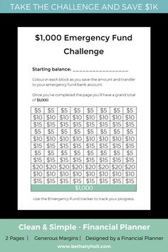 the $ 1, 000 emergency fund challenge is shown in green and black with an image of