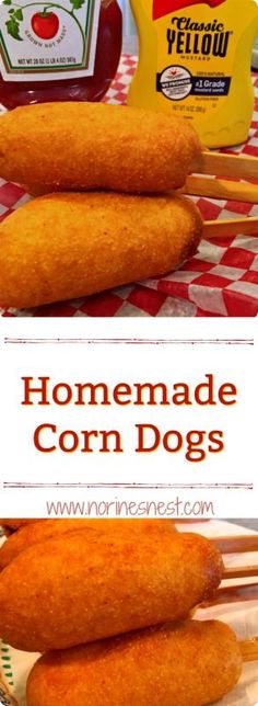 homemade corn dogs with ketchup and mustard on the side are ready to be eaten