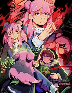 some anime characters with pink hair