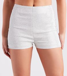 Blinged Out Babe Rhinestone Hot Shorts | Windsor White Shorts Outfit, Metallic Heels, Admin Panel, Hot Shorts, Short Outfits, Woven Fabric, White Shorts, Embellishments, Summer Outfits