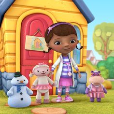 a cartoon character standing in front of a house with two small animals and a snowman