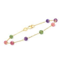 Ross-Simons - 3.10ct t. w. Multicolored Tourmaline, .80ct t. w. Amethyst Bead Station Bracelet. 8". Experience 18kt gold...in color! From Italy, our vibrant bracelet stations a chromatic array of 3.10 ct. t. w. round multicolored tourmaline beads alongside .80 ct. t. w. round amethyst beads. Finely crafted in polished 18kt yellow gold on a classic cable chain. Lobster clasp, amethyst and multicolored tourmaline bead bracelet. Amethyst birthstones are the perfect gift for February birthdays. Elegant Faceted Gemstone Beads, Formal Multicolor Amethyst Jewelry, Elegant Purple Faceted Beads Gemstones, Yellow Gold Multi-stone Round Bead Jewelry, Yellow Gold Jewelry With Multi-stone Round Beads, Elegant Multicolor Faceted Beads Gemstones, Elegant Multicolor Faceted Beaded Bracelets, Elegant Multicolor Faceted Beads Bracelets, Elegant Multicolor Bracelets With Faceted Beads