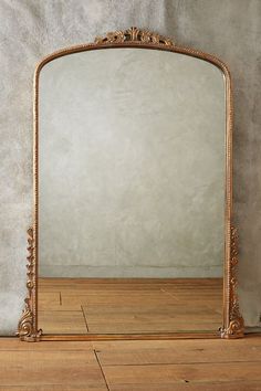 an ornate gold framed mirror sitting on top of a wooden floor