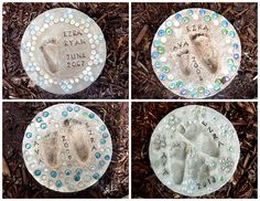 four pictures of footprints in the sand with words written on them and water droplets around them