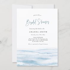 the watercolor waves bridal shower card is shown on a white background with blue ink