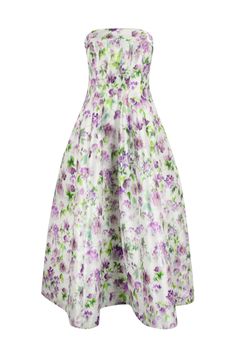 duchess midi dress: radzmin sleeveless straight neckline with turn-up bustier effect top side pockets wide skirt floral pattern rear zip closure satin lining slim fit composition: 100% polyester Spring A-line Sleeveless Dress With Lined Bodice, Spring A-line Strapless Dress, Lined, Strapless Floral Dress For Garden Party, Spring Silk Strapless Dress With Pleated Bodice, Floral Print Strapless Dress With Sweetheart Neckline, Spring A-line Midi Dress With Lined Bodice, Spring Strapless Dress With Straight Neckline And Lining, Sleeveless Floral Dress With Fitted Bodice, Spring Strapless Dress With Straight Neckline For Garden Party