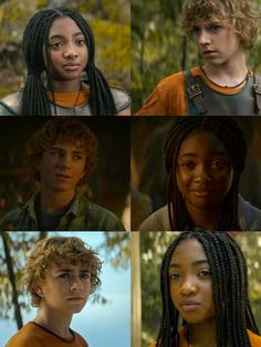 four different images of young people with braids on their heads and in orange shirts