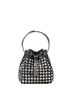 black EcoVero™ blend logo-engraved silver-tone hardware silver-tone stud embellishment drawstring fastening single circular top handle chain-link shoulder strap Bridal Flat Sandals, Statement Handbag, Mini Bucket Bag, Satin Noir, Bridesmaid Bags, Crystal Bags, Mini Bucket Bags, Mini Bucket, Bon Bon