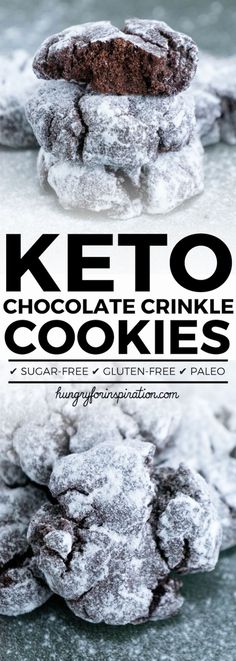 two chocolate crinkle cookies stacked on top of each other with the words keto chocolate crinkle cookies