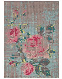 a cross stitch pattern with pink roses on blue and gray background, in the shape of a flower