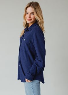 Navy super soft button up top Long sleeves Two front pockets at the bust Button closure on the front Imported garment 75% Rayon / 15% Acrylic / 10% Spandex SIZE CHARTS: Bust: 40" / Length: 24.5"M: Bust: 42" / Length: 25.5"L: Bust: 44" / Length: 26.5"XL: Bust: 46" / Length: 27.5" Button Ups, Knit Jewelry, Blouse Tank Top, Button Up Top, Long Jumpsuits, Sweaters Crewneck, Size Charts, Headband Hairstyles, Vintage Sweatshirt