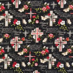 a black background with red and white crosses, roses, and words on it's sides