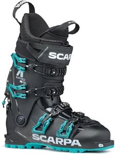 the scarra ski boots are black and blue