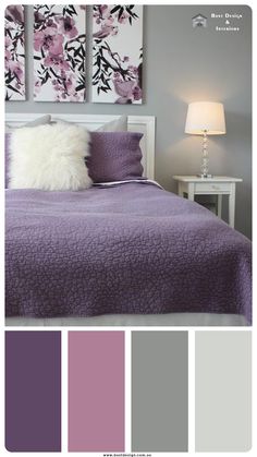 a bedroom with purple and grey colors in the bed, wall art on the walls