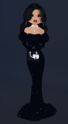 an animated woman wearing a black dress with sequins on the skirt and necklace