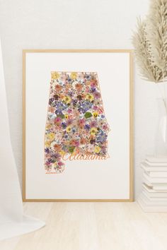 the state of california is shown in this colorful floral art print on a white wall