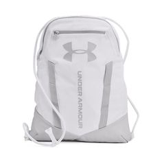 the under armour gym bag is white and grey