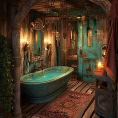 an old fashioned bathroom is decorated in turquoise and gold