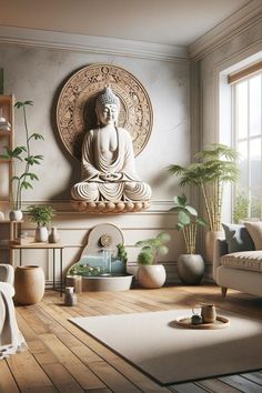 a living room with a buddha statue on the wall and potted plants in front of it