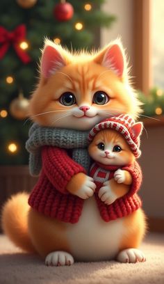 a cat is holding a small kitten in front of a christmas tree