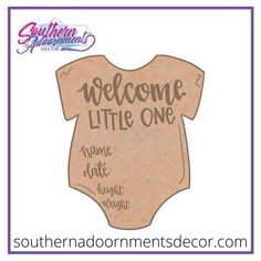 a baby bodysuit with the words welcome little one written in brown ink on it