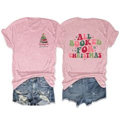 Women's Front Back Double Print T-Shirts Funny Merry Christmas Letter Print Retro Tee Holiday Short Sleeve Shirt With Letter Print, Casual Christmas T-shirt With Relaxed Fit, Relaxed Fit Short Sleeve T-shirt For Holiday, Casual Relaxed Fit T-shirt For Christmas, Christmas Graphic Tee With Relaxed Fit, Christmas Crew Neck T-shirt With Letter Print, Christmas Holiday T-shirt With Letter Print, Christmas Letter Print Crew Neck T-shirt, Christmas Holiday Letter Print T-shirt