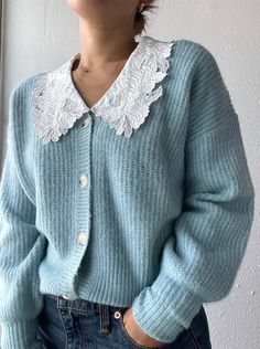 Embroidered collar knitted sweater Blue Sweater Outfit, Job Interview Outfit, Light Blue Cardigan, Preppy Women, Drop Shoulder Cardigan, Cardigan Oversized, Embroidered Collars, Collar Cardigan, Embroidered Sweater