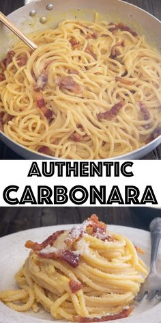 two pictures showing different types of pasta and one with bacon on top, the other with cheese