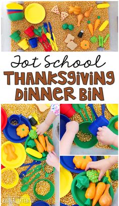 a collage of photos showing the process of making thanksgiving sensory bins for toddlers