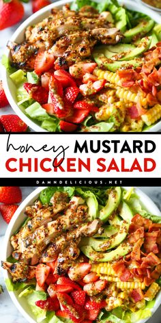 A spring salad idea with grilled chicken thighs! It features a honey mustard dressing that doubles as a marinade. Packed with strawberries, avocado, corn, and more, this easy honey mustard chicken salad is a spring side dish recipe everyone will love! Honey Mustard Chicken Salad, Mustard Chicken Salad, Green Salad Recipes, Spring Dinner, Honey Mustard Chicken, Mustard Chicken, Grilled Chicken Salad, Lake Food, Camping Recipes