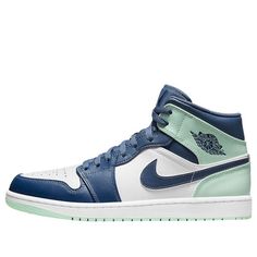 Introducing the Air Jordan 1 Mid 'Blue Mint', a fashionable and comfortable shoe for any active lifestyle. This mid-top version of the original Air Jordan 1 features stunning design elements that will have you feeling like royalty on your feet. The striking combination of royal blue and mint green not only looks great but speaks to the bold, confident style of sports enthusiasts everywhere. The striking Nike swoosh symbol and Air Jordan logo in blue are strategically placed to provide an eye-cat Air Jordan 1 Mid Blue, Air Jordan Logo, Original Air Jordans, Jordan Model, Jordan Logo, Regal Design, Confident Style, Retro Men, Mid Top