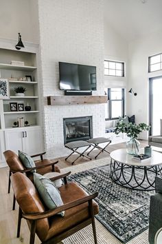 a living room filled with furniture and a flat screen tv mounted on the wall above a fireplace