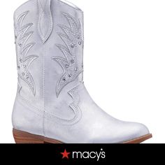 in stock Silver Round Toe Boots For Spring, Casual Silver Boots For Spring, Silver Casual Boots For Spring, Trendy Silver Summer Boots, White And Silver Cowboy Boots, Tall Silver Cowgirl Boots, Idyllwind White Boots, White Snip Toe Mid-calf Boots For Rodeo, Girls Cowboy Boots Kids