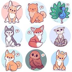 six different types of foxes and birds with speech bubbles in the middle one has a bird,