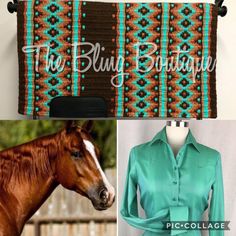 the blue blouse is on display next to a brown horse and a green dress shirt