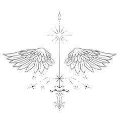 a drawing of two wings with an arrow in the middle and stars above them on a white background