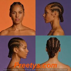 four pictures of different braids on the same woman's head, one with an orange and blue background